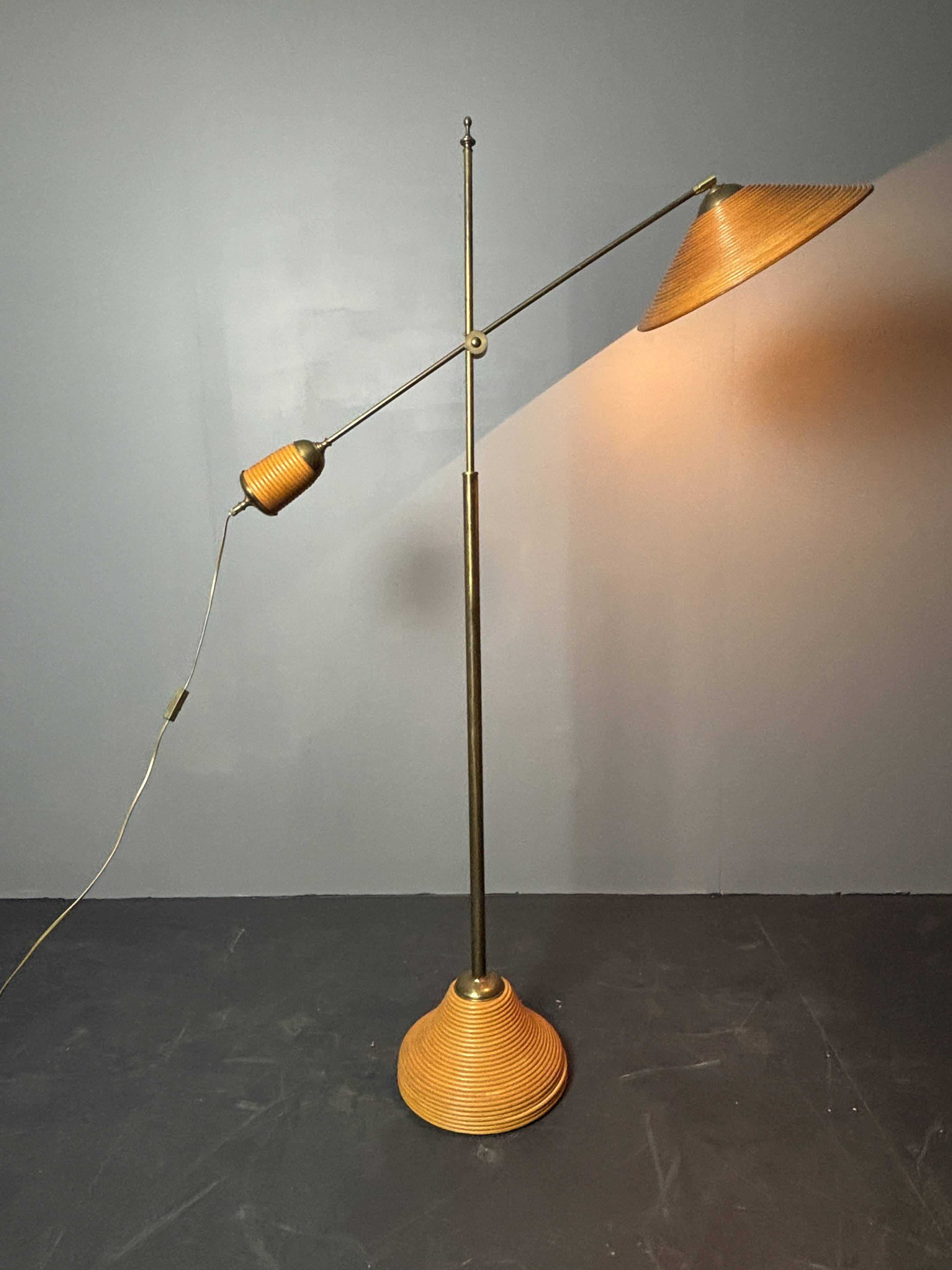 Italian Adjustable Floor Lamp in Pencil Reed Rattan Bamboo and Brass, 1970s