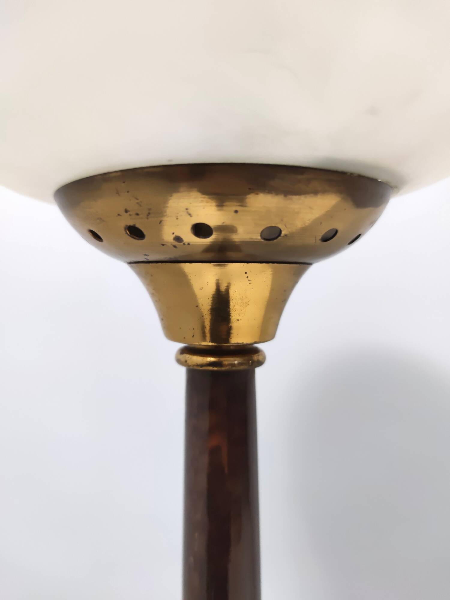 Opaline Glass, Beech and Brass Floor Lamp with Marble Base, Italy