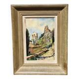 Peinture à l'huile antique représentant un clocher d'église en paysage du XIXe siècle