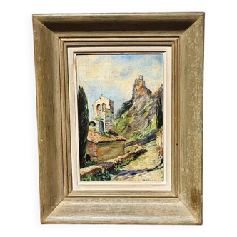 Peinture à l'huile antique représentant un clocher d'église en paysage du XIXe siècle