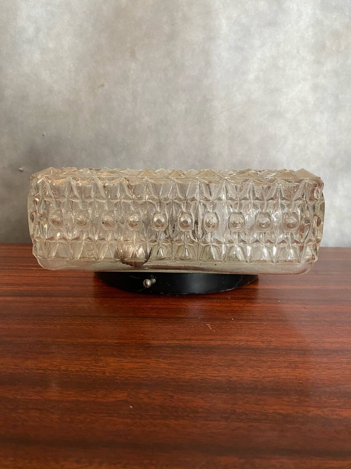 Antique Ceiling Light Sconce Molded Glass + Black Metal Bracket Vintage