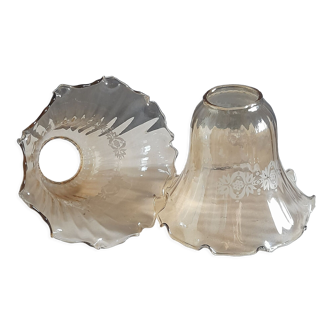 2 tulip globes ruffled, amber silkscreened decoration white - vintage 1970