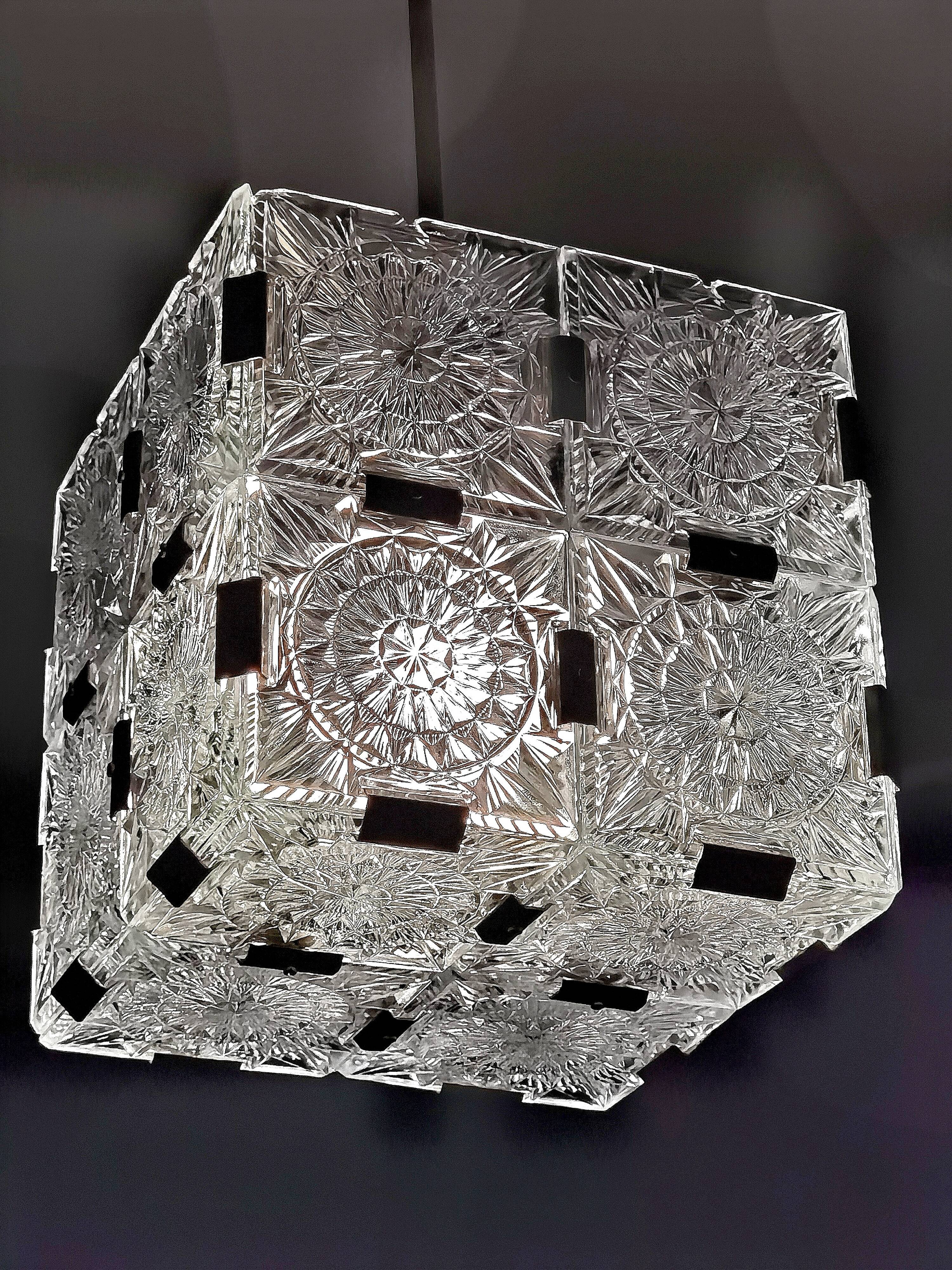 Glass faceted cube chandelier by Jaroslav Bejvl for Kamenicky Senov, year 1968