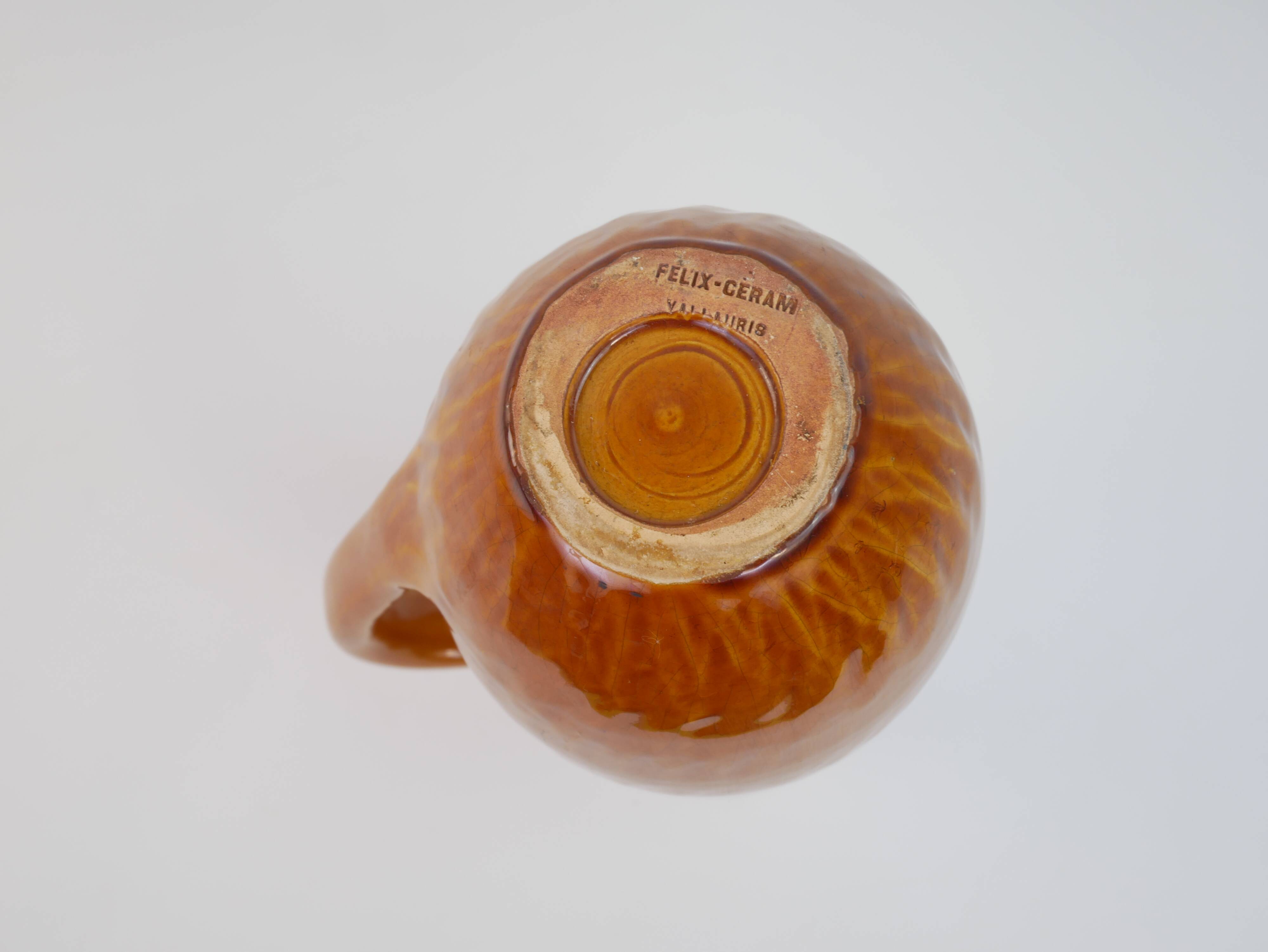 Yellow ochre ceramic pitcher signed Félix Céram Vallauris circa 1960