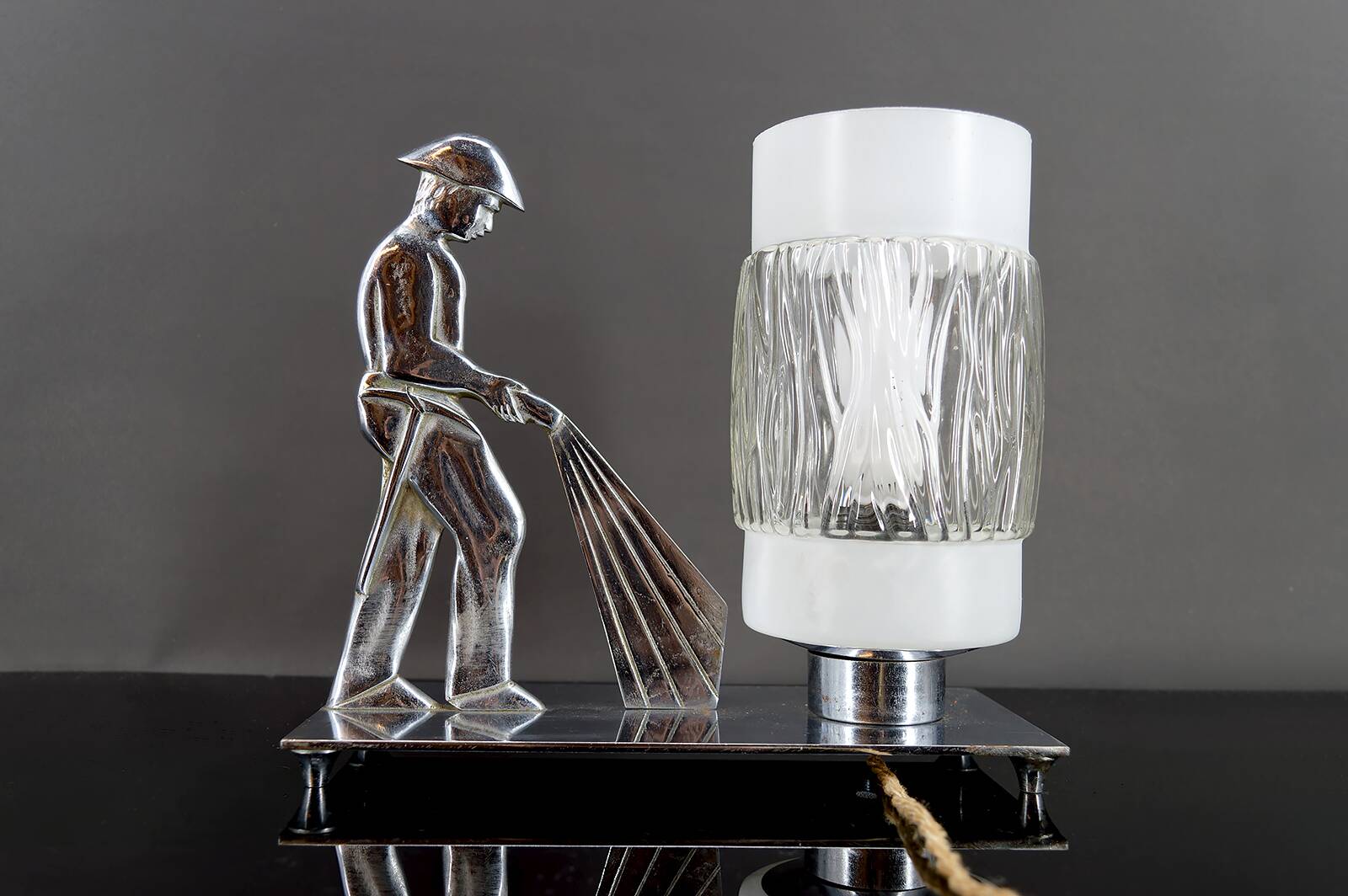 Rare Art Deco "Fire Soldier" Chromed Bronze Lamp, Poland, 1950-60