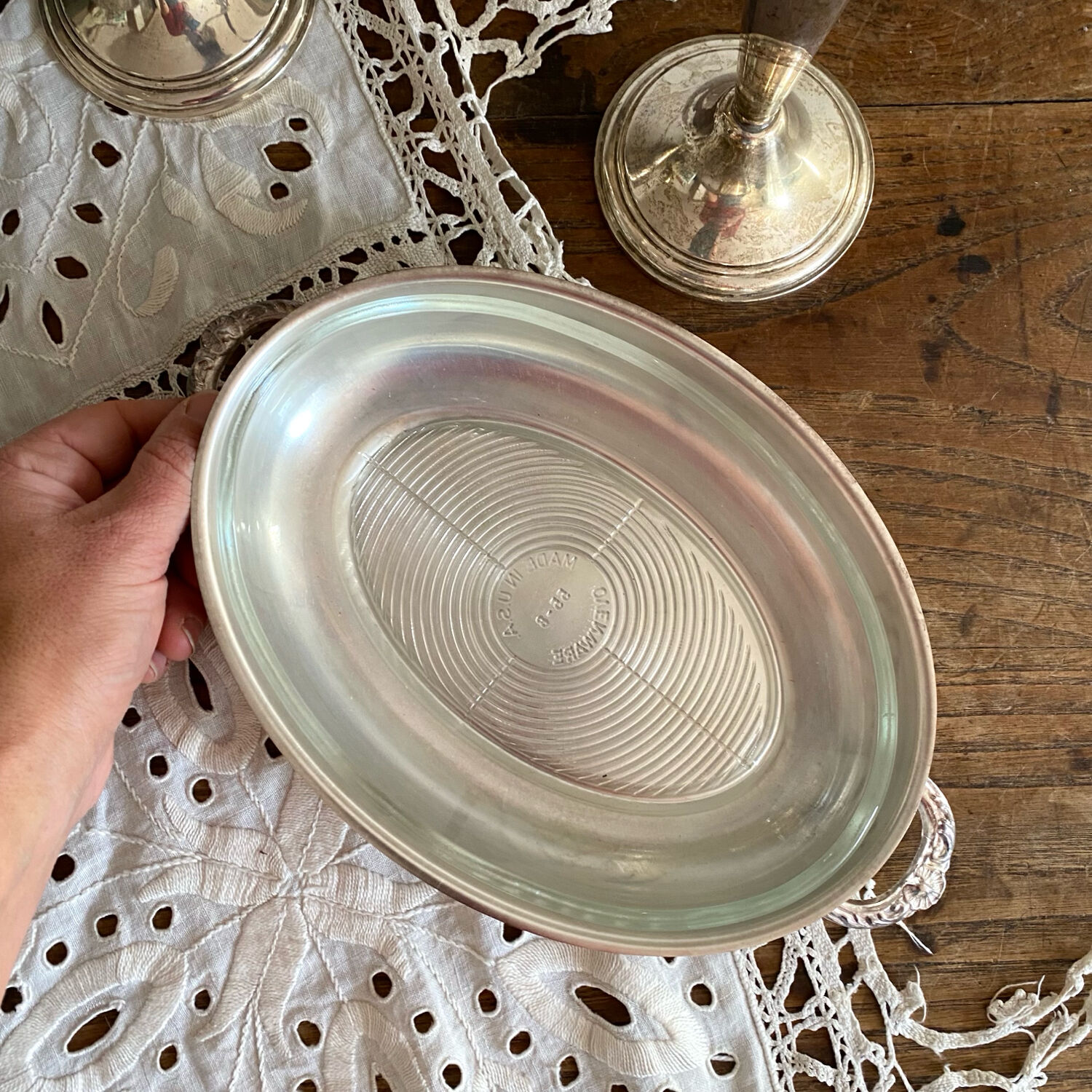 Oval silver-plated metal and glass dish