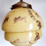 Lampe à suspension art déco en glaçure opaline, gemarmerd, messing, jaren 1930