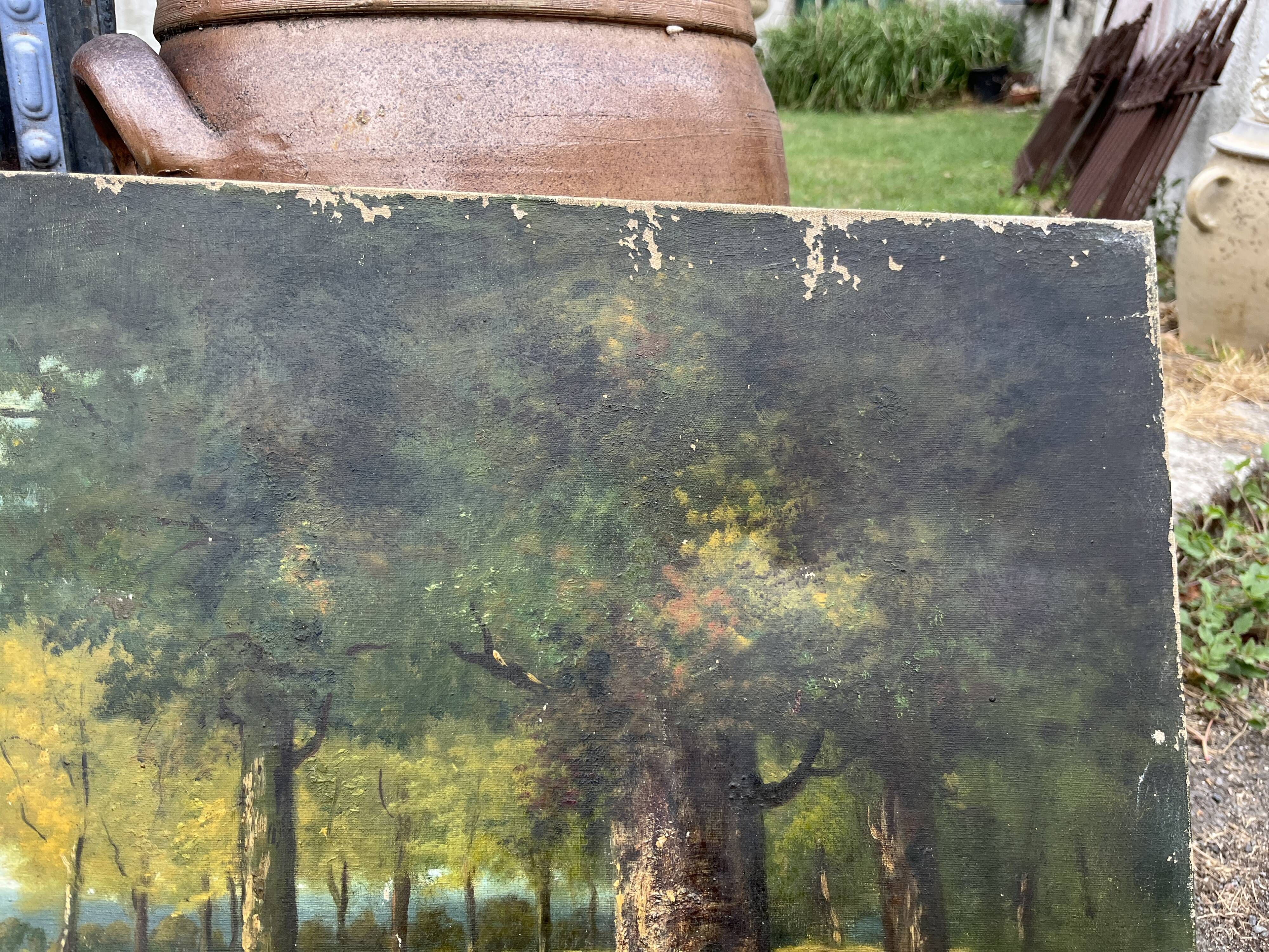 Antique painting 19th century – pastoral scene with shepherdess and sheep, signed P. Oudi