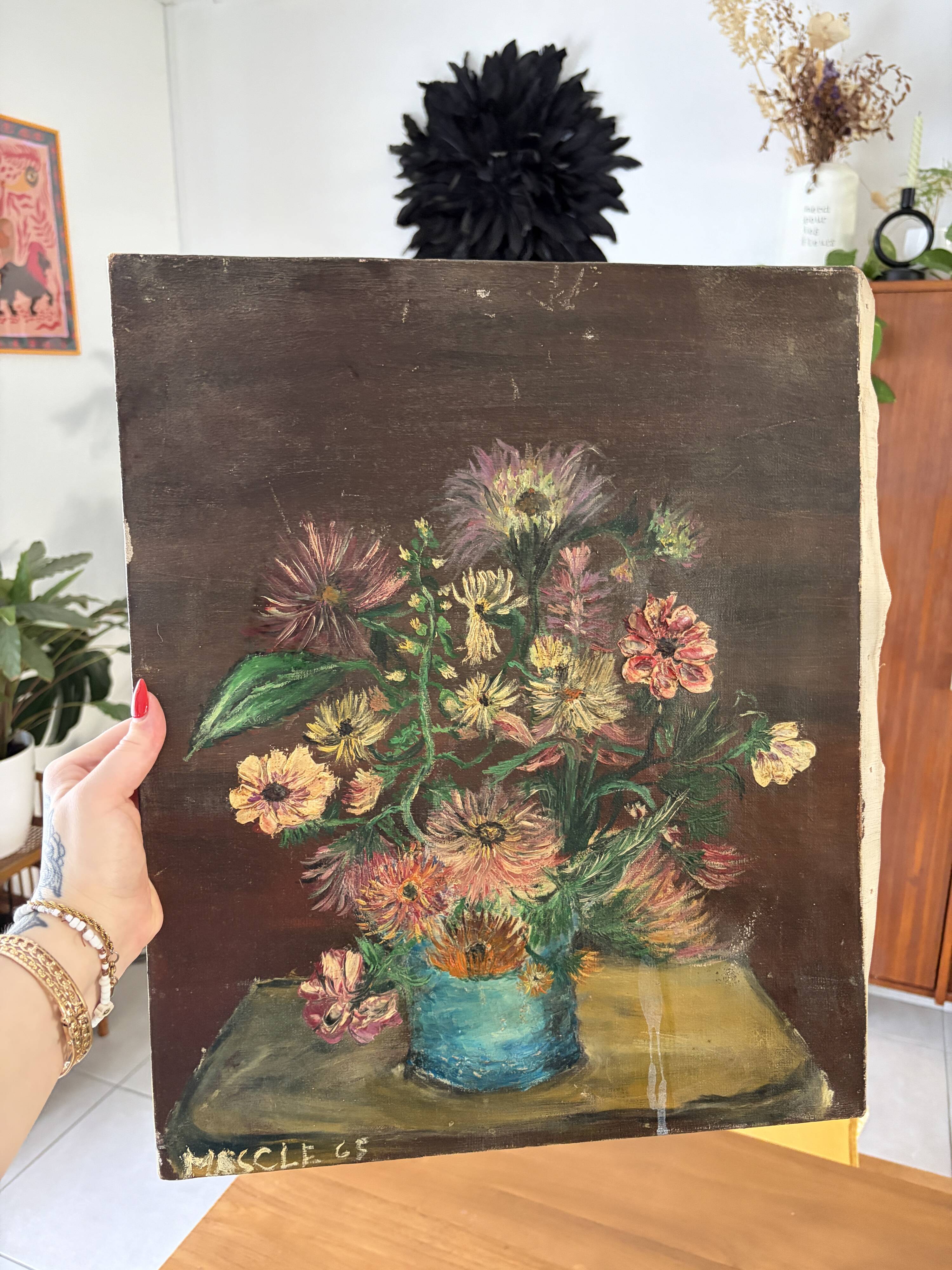 Tableau peinture originale bouquet de fleurs Lefranc vintage 1965