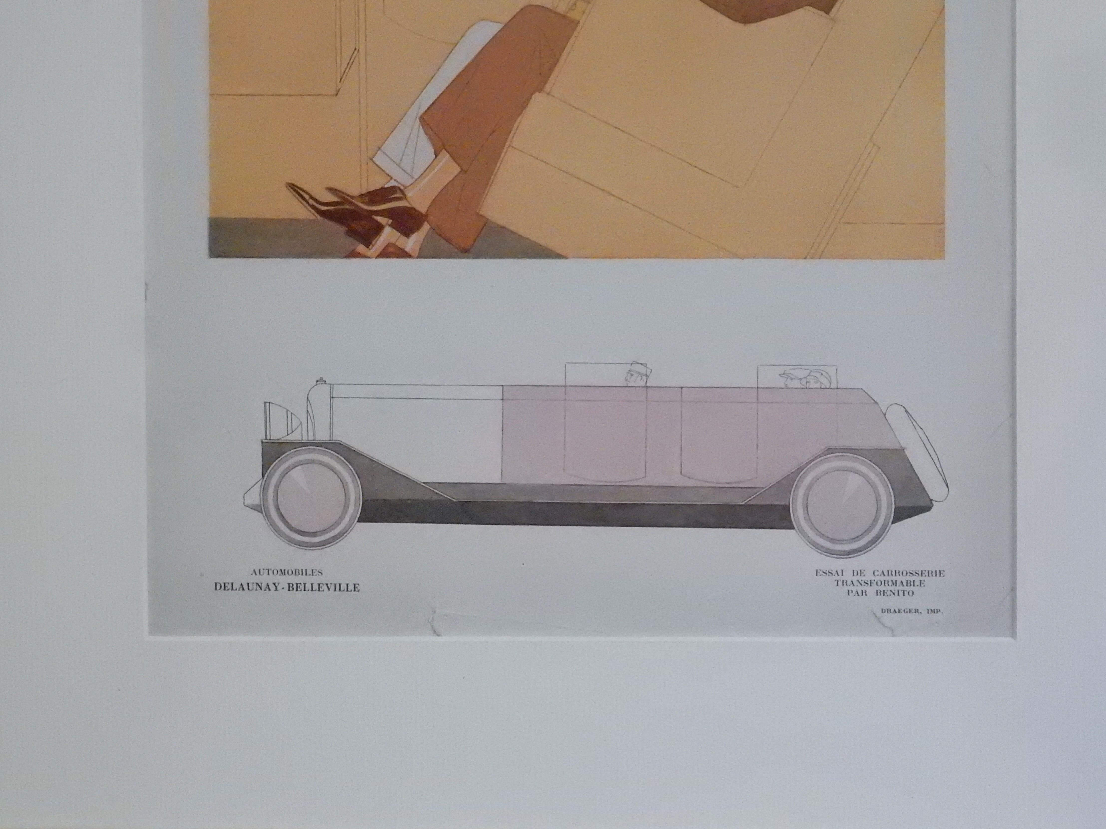 Art Deco illustration luxury car Delaunay Belleville by Benito in 1924
