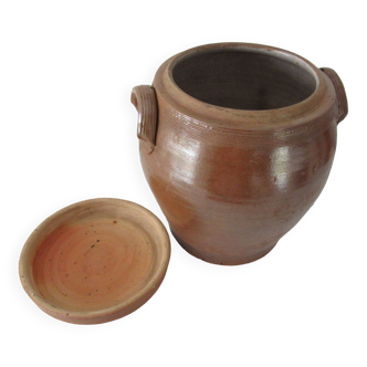 Saloir / salt pot / glazed stoneware jar with handles + its lid-70s-Very good condition