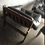 Mid-Century Brown Tufted Leather Armchairs & Ottoman in the Style of Percival Lafer, 1960s, Set of 3
