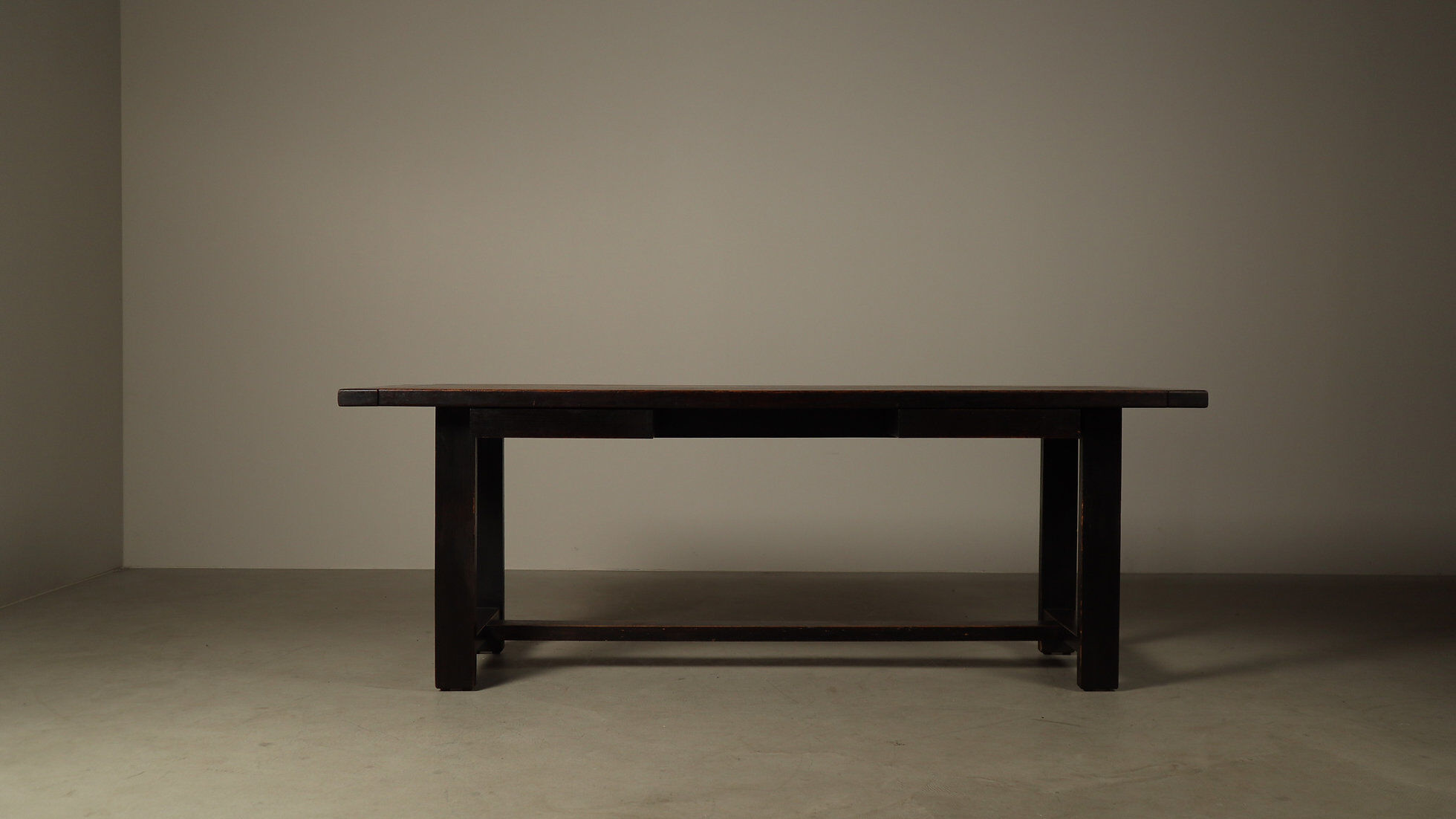 Jean Batenburg dark stained oak dining table for MI, Belgium, circa 1969