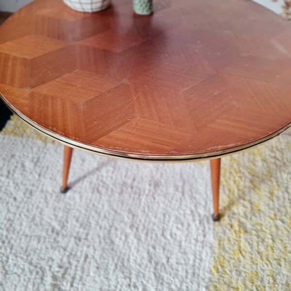 Table d'appoint vintage tripode, plateau marqueterie losanges