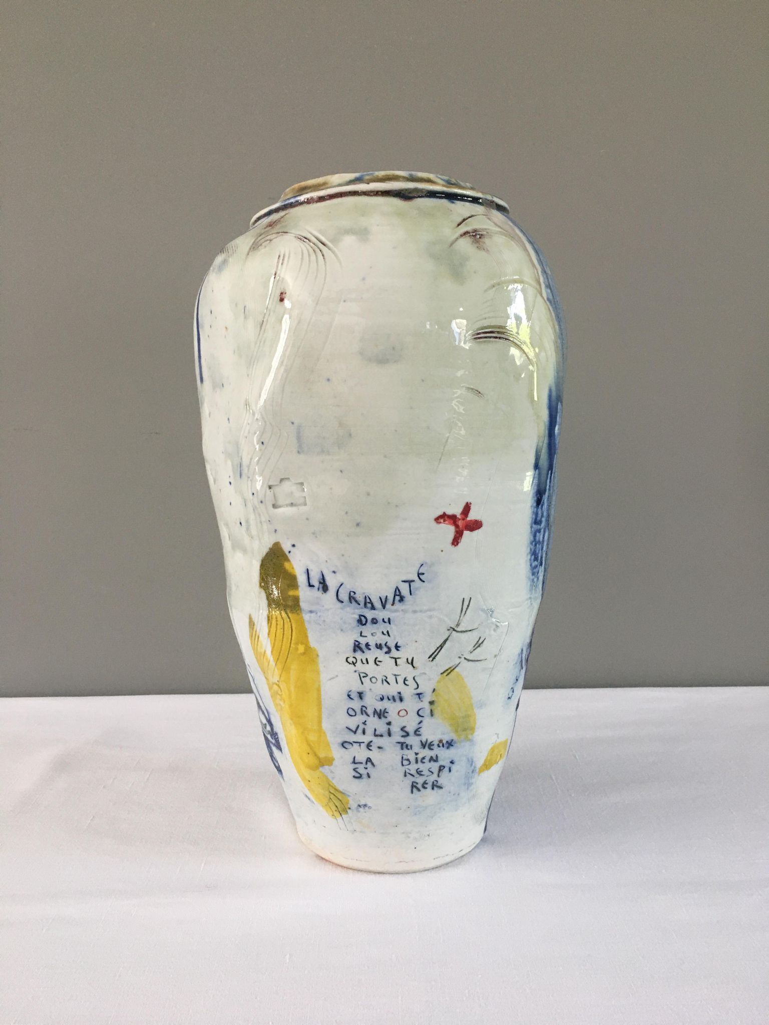 Thierry Basile vase in enamelled sandstone with abstract decoration