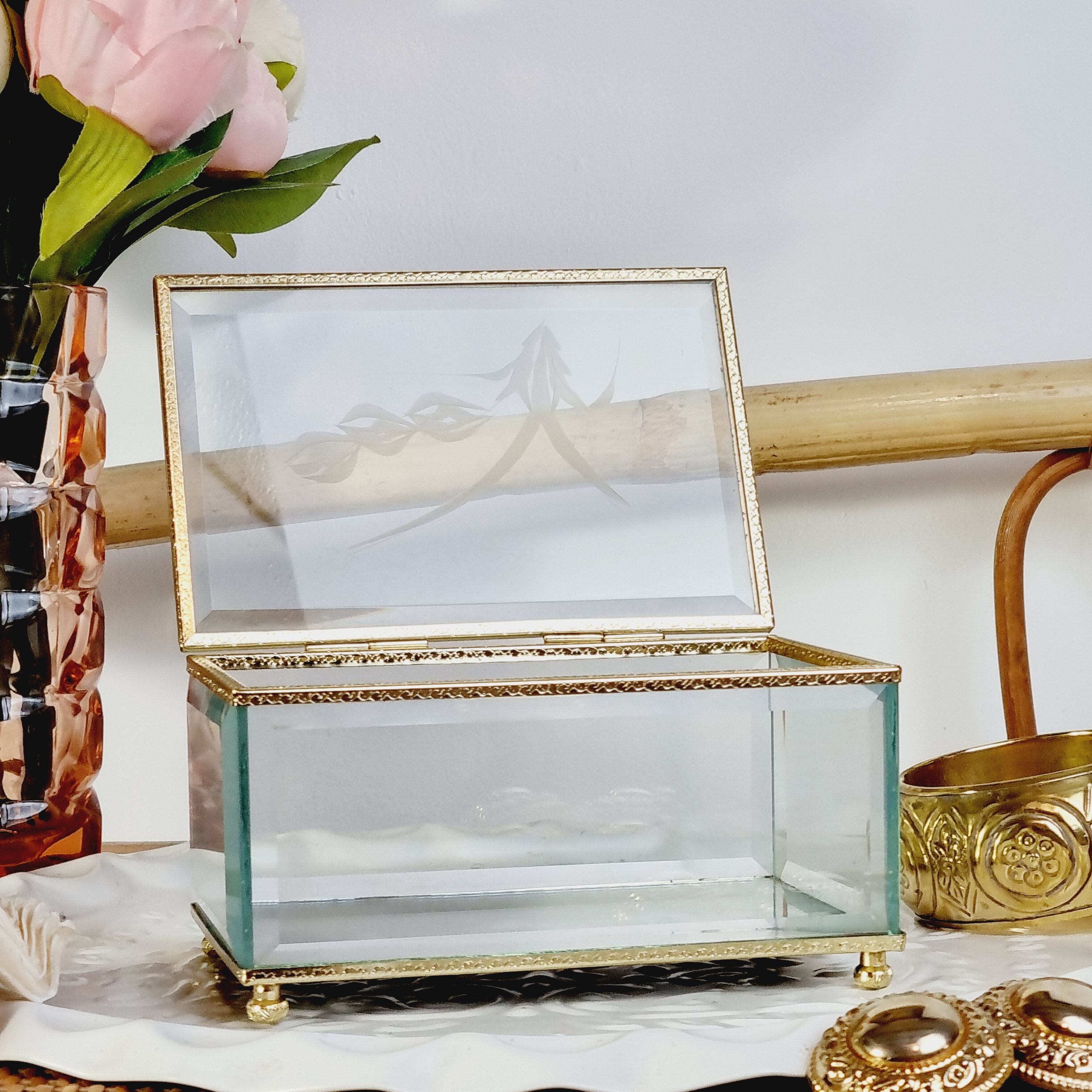 Beveled and chiseled glass and brass jewelry box