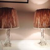 Pair of twisted glass foot bedside lamps and wool/vintage 60s and 70s lampshades