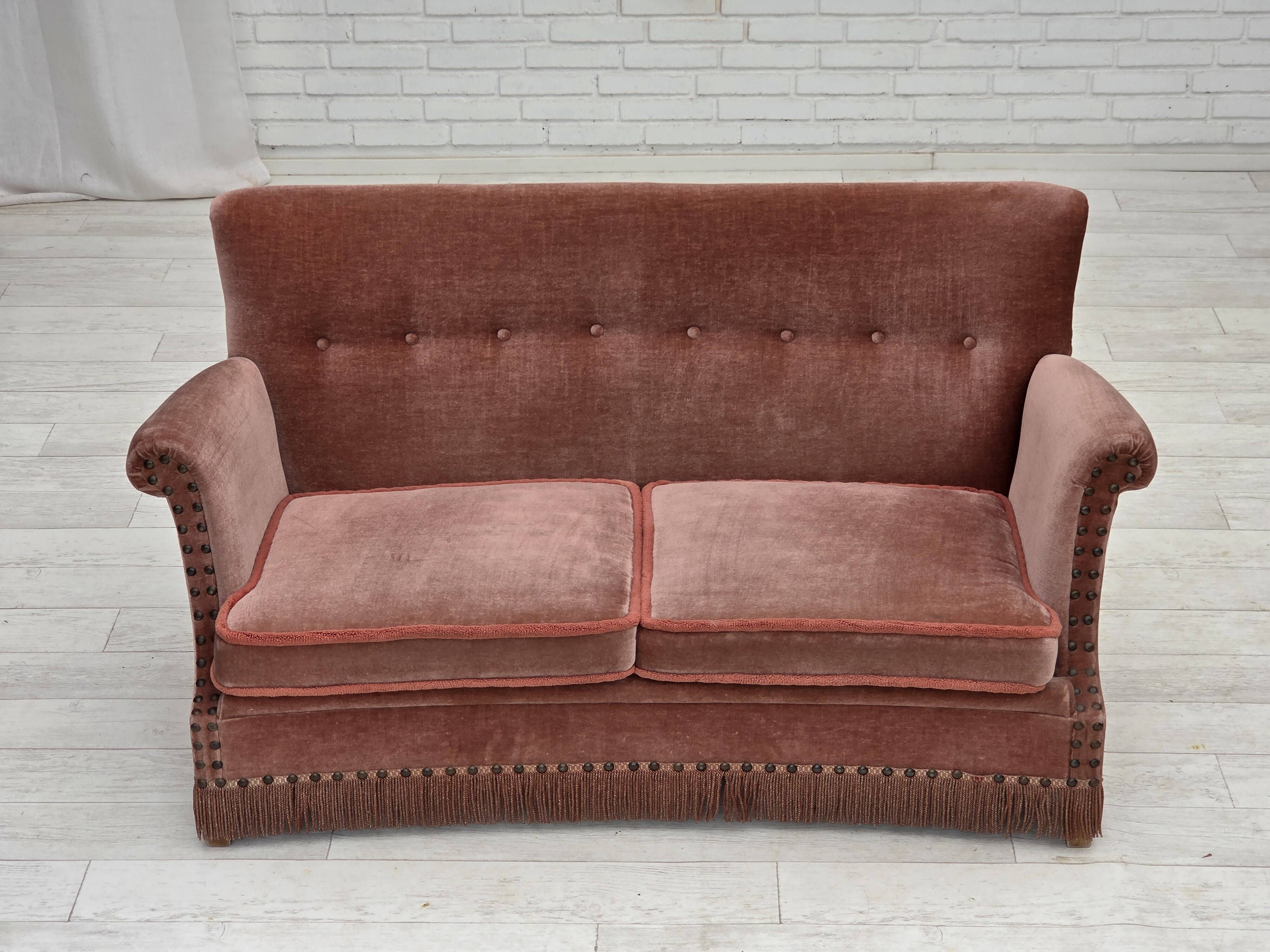 1970s, Danish 2-seater sofa, salmon pink furniture velour, beech wood.