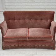 1970s, Danish 2-seater sofa, salmon pink furniture velour, beech wood.