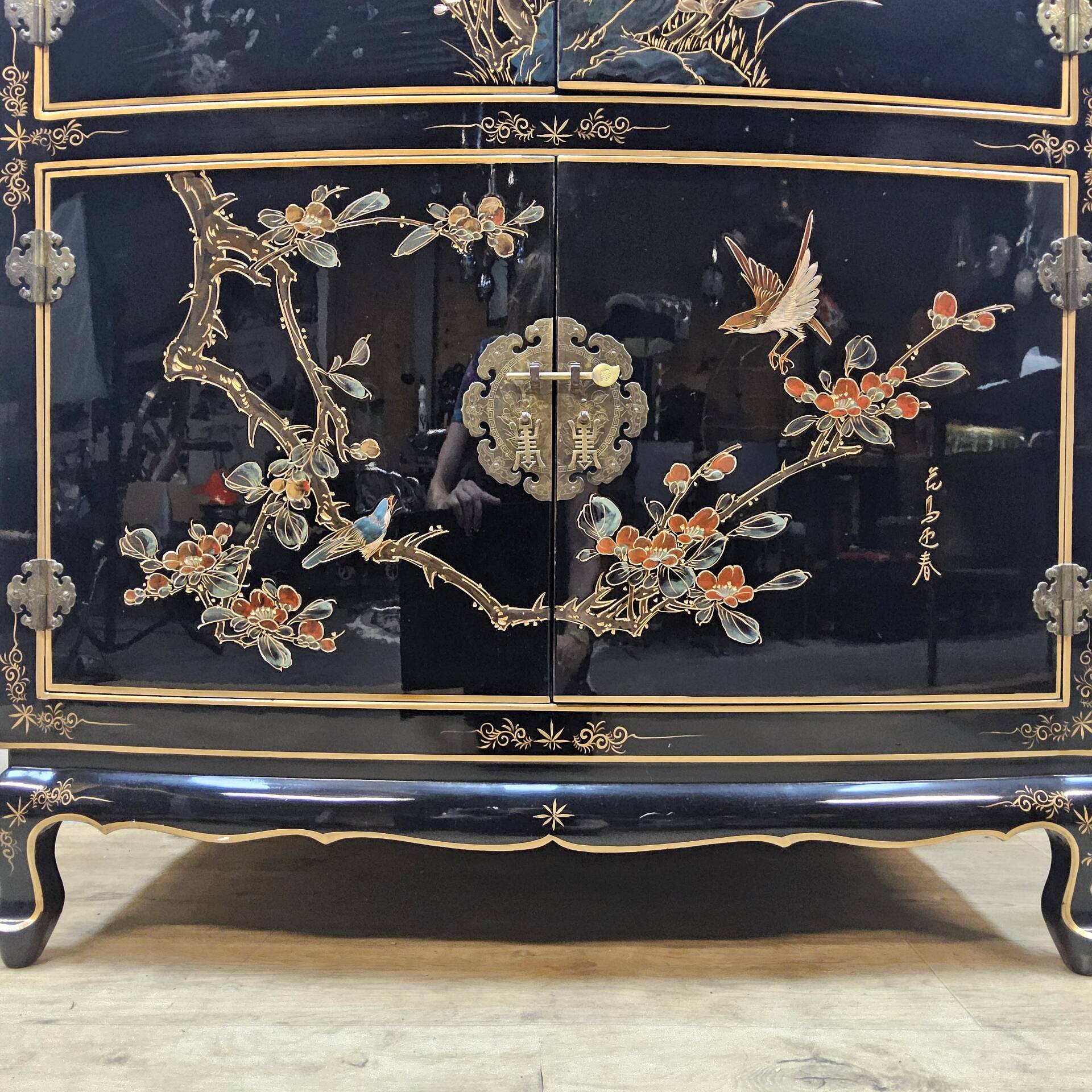 Vintage Chinese lacquer cabinet with black flowers and birds / bohemian