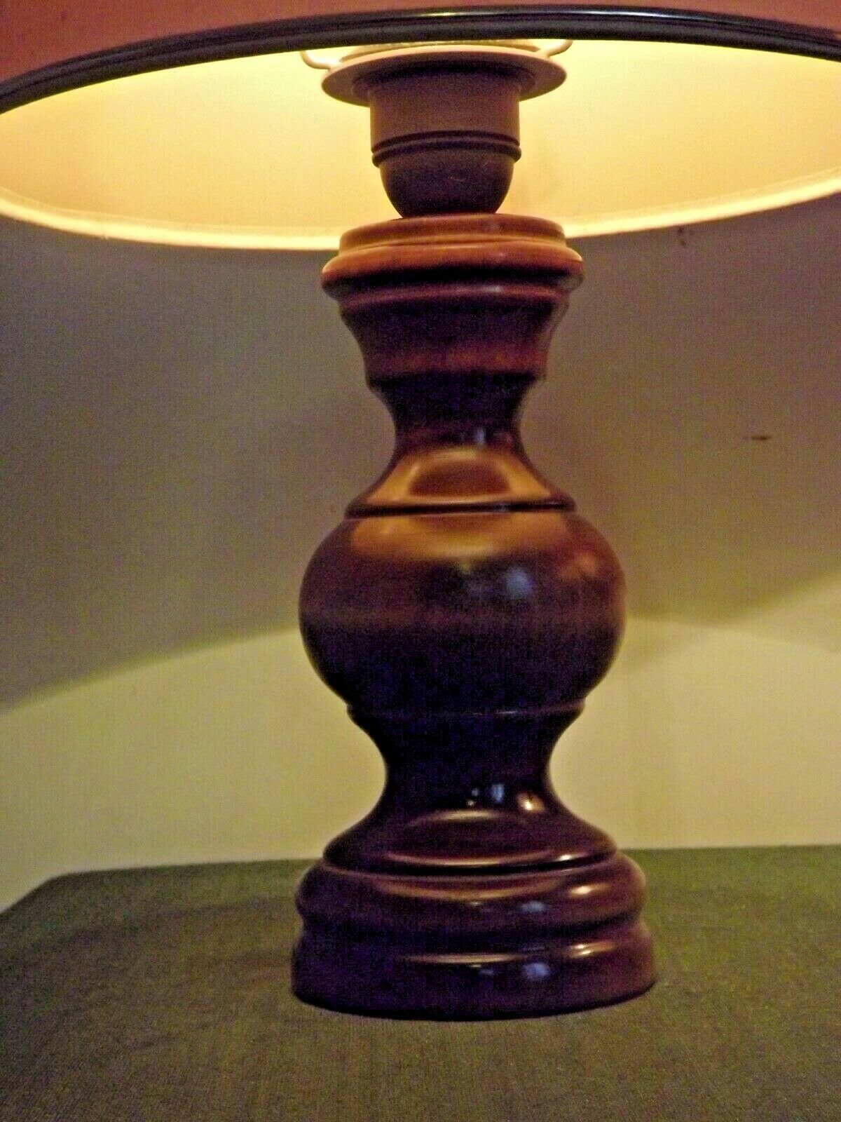 Pair French Mid Century Turned Wood Table Lamps With Beige & Gold Shades 3247