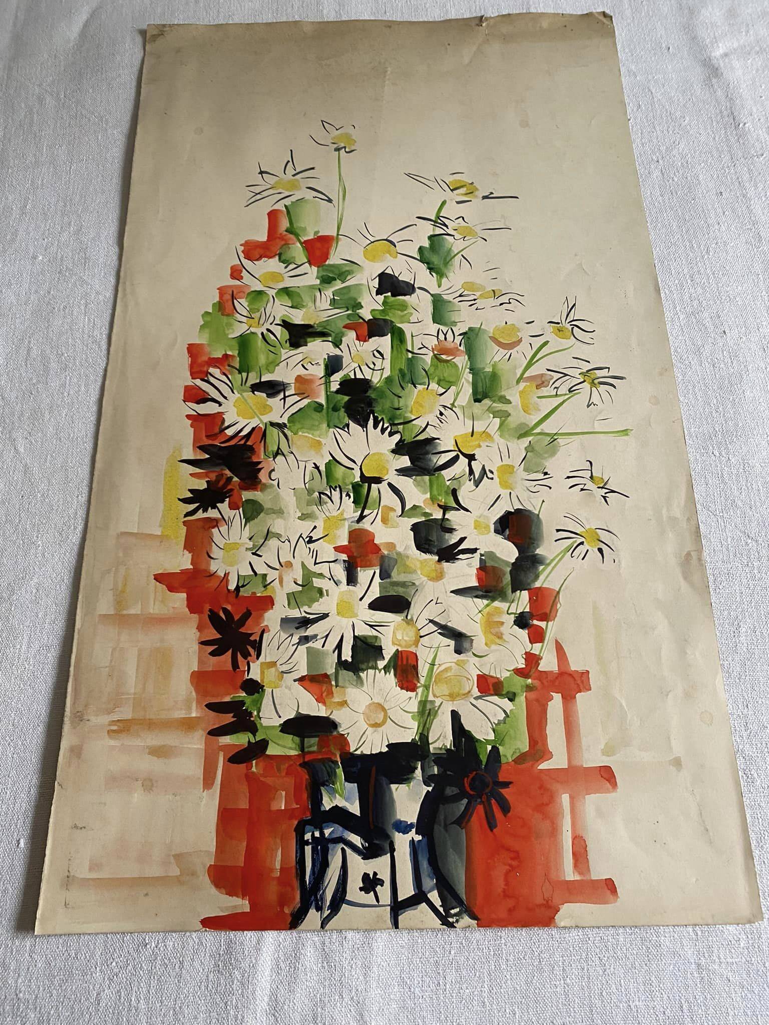 Aquarelle : bouquet de fleurs stylisé à encadrer