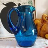 Blue carafe in bubbled blown glass similar to Biot glassware