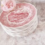 12 assiettes plates en porcelaine de fontebasso made in italy style "toile de jouy" en rose