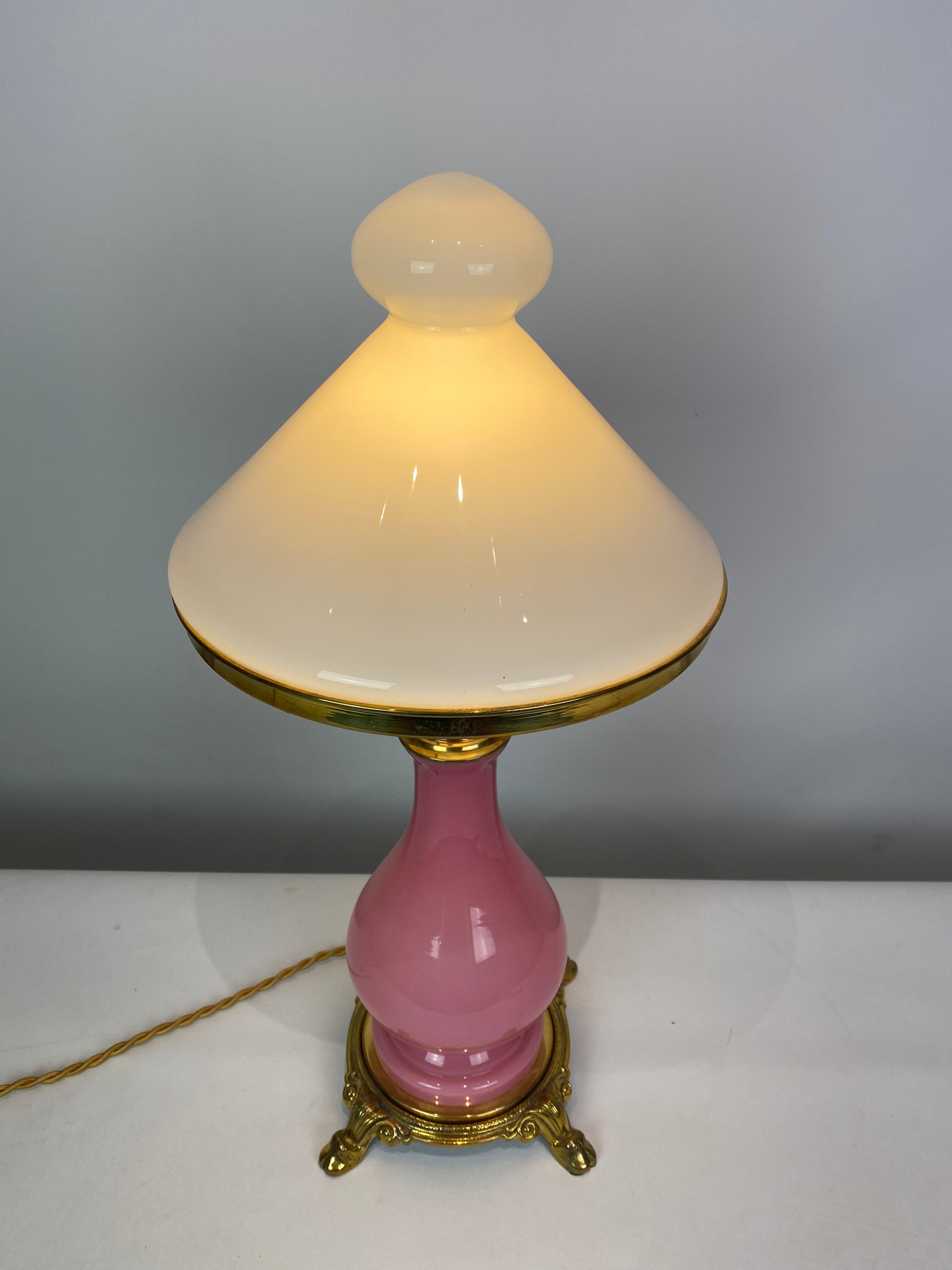 Table lamp with frame of pink opaline glass Funen's glassworks, 1930s