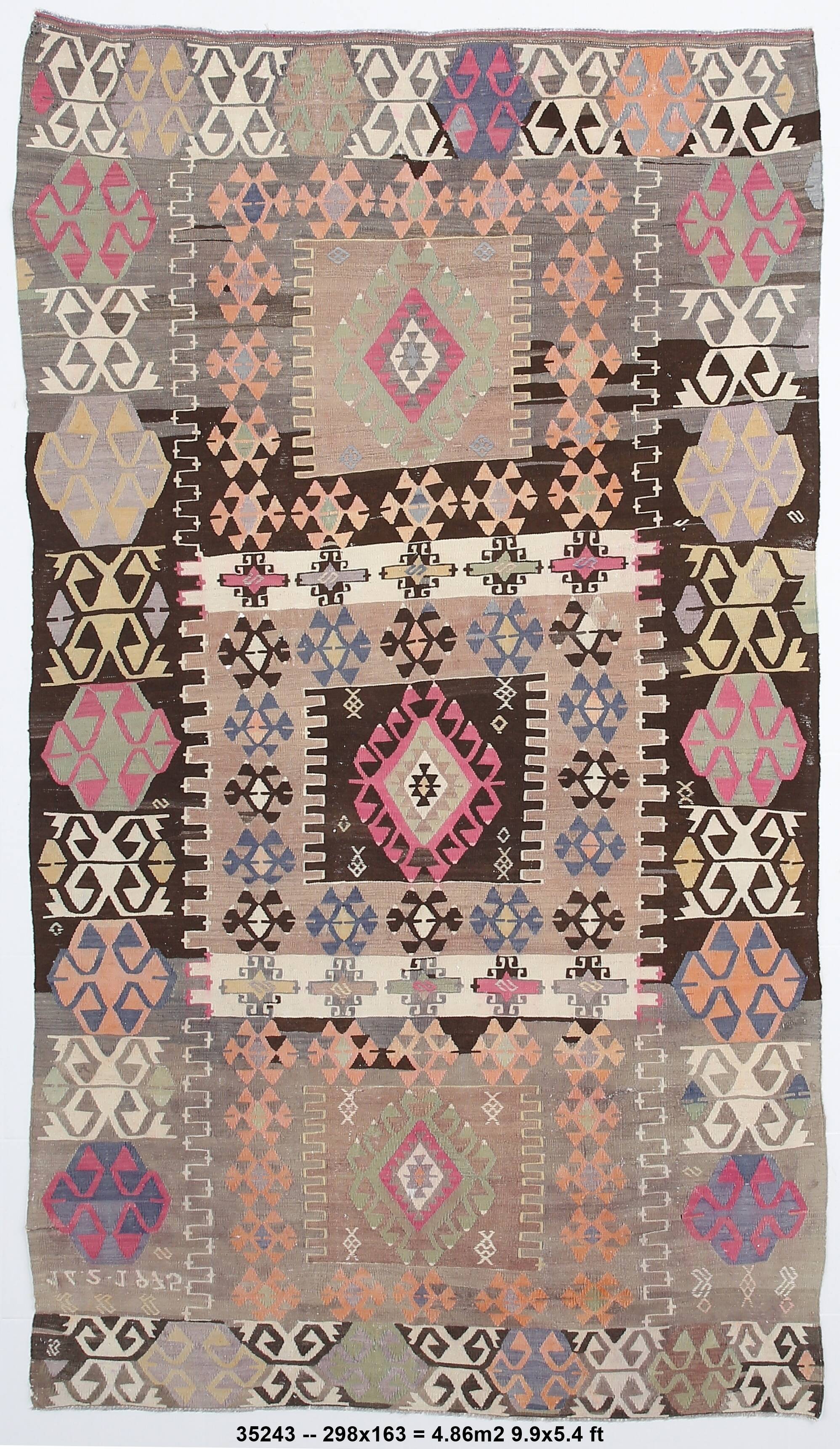 5x10 Long Wide Brown & Pink Tribal Vintage Kilim Rug, 163x298Cm
