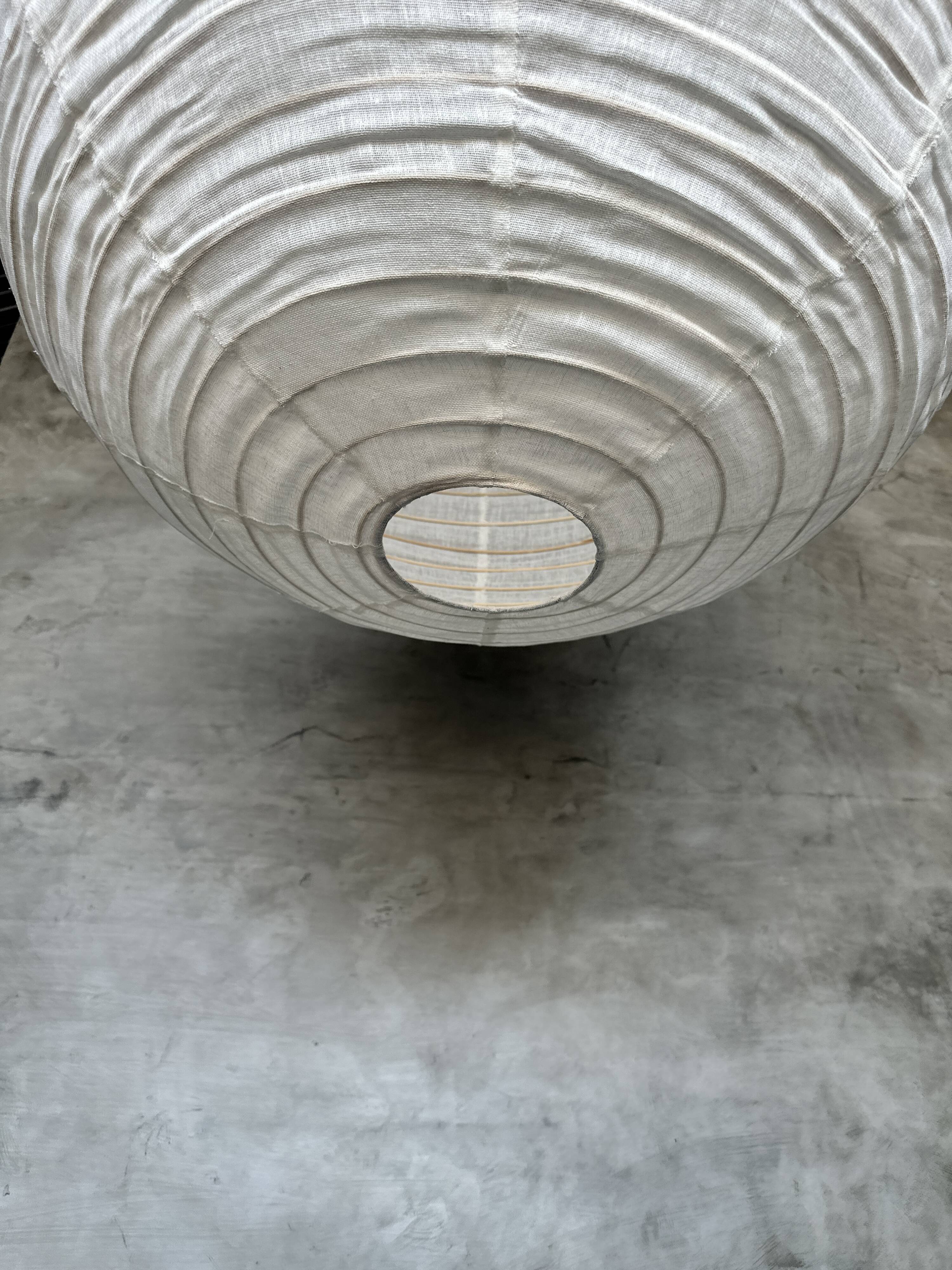 Very large round Japanese-style rattan and natural linen pendant light D:80