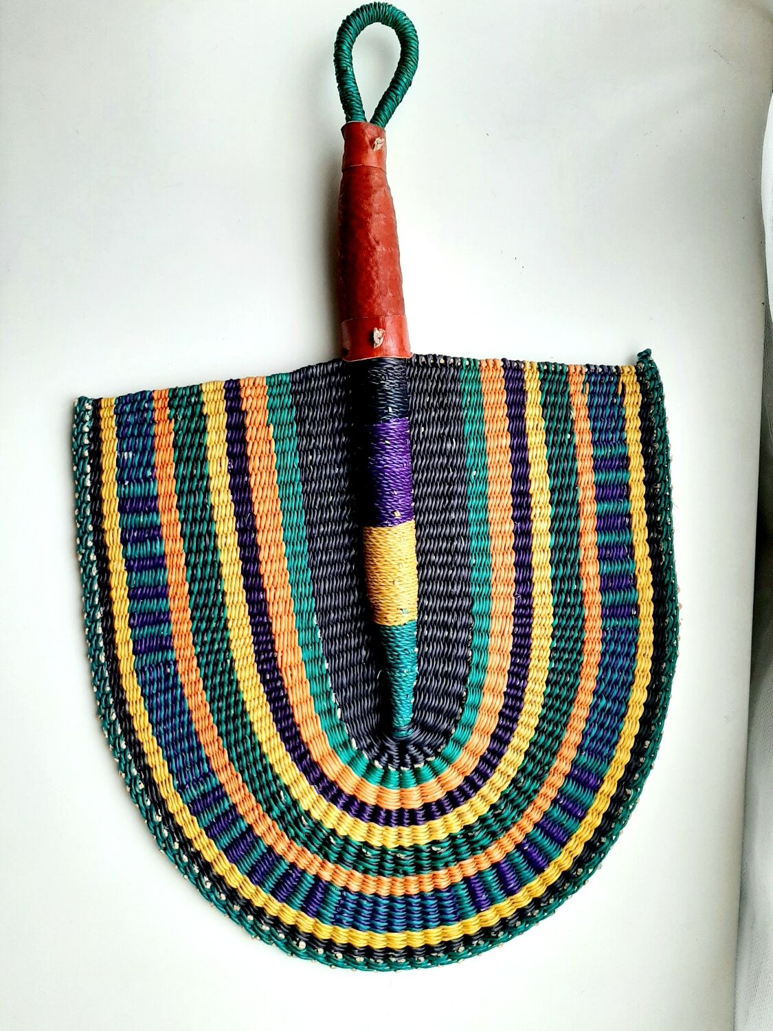Bolga African fan, woven purple orange yellow green black