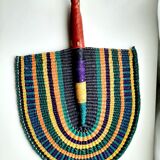 Éventail africain Bolga,tissé violet orange jaune vert noir