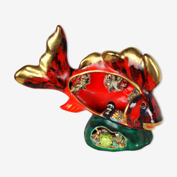 Fish in red and gold ceramic, open with starfish and coral decoration - Vallauris - year 70