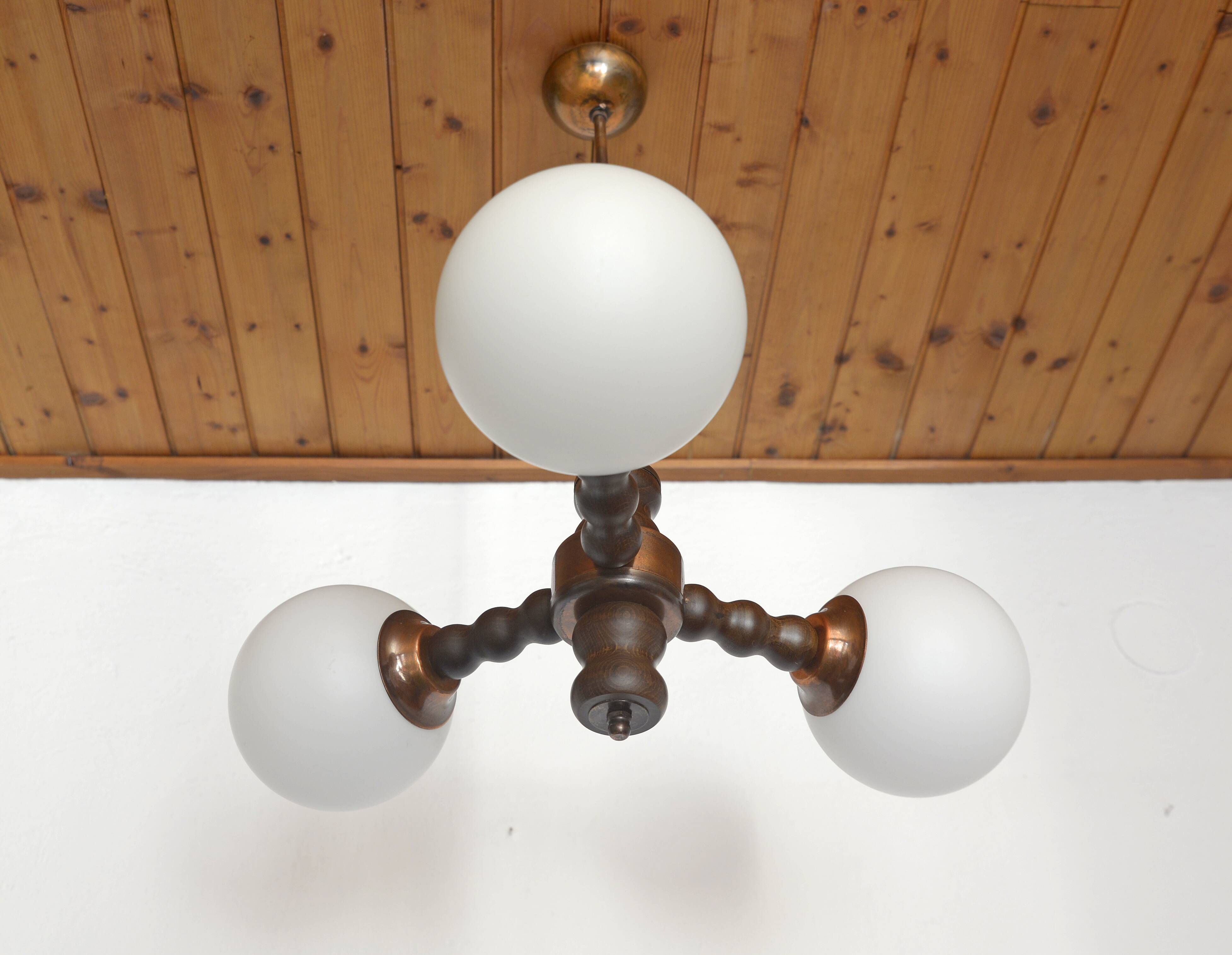Wooden Sputnik Chandelier Vintage Pendant Lamp Rustic Hanging Light 1970's