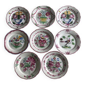 8 old Clamecy Art earthenware plates decorated by hand