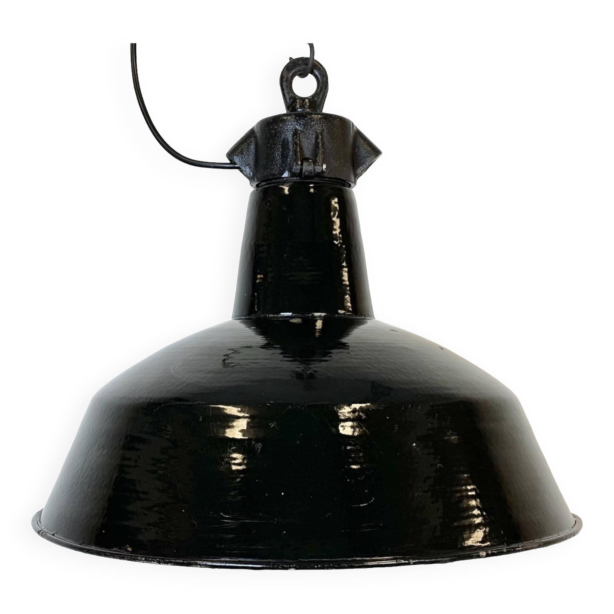 Industrial Black Enamel Factory Lamp with Cast Iron Top, 1950s