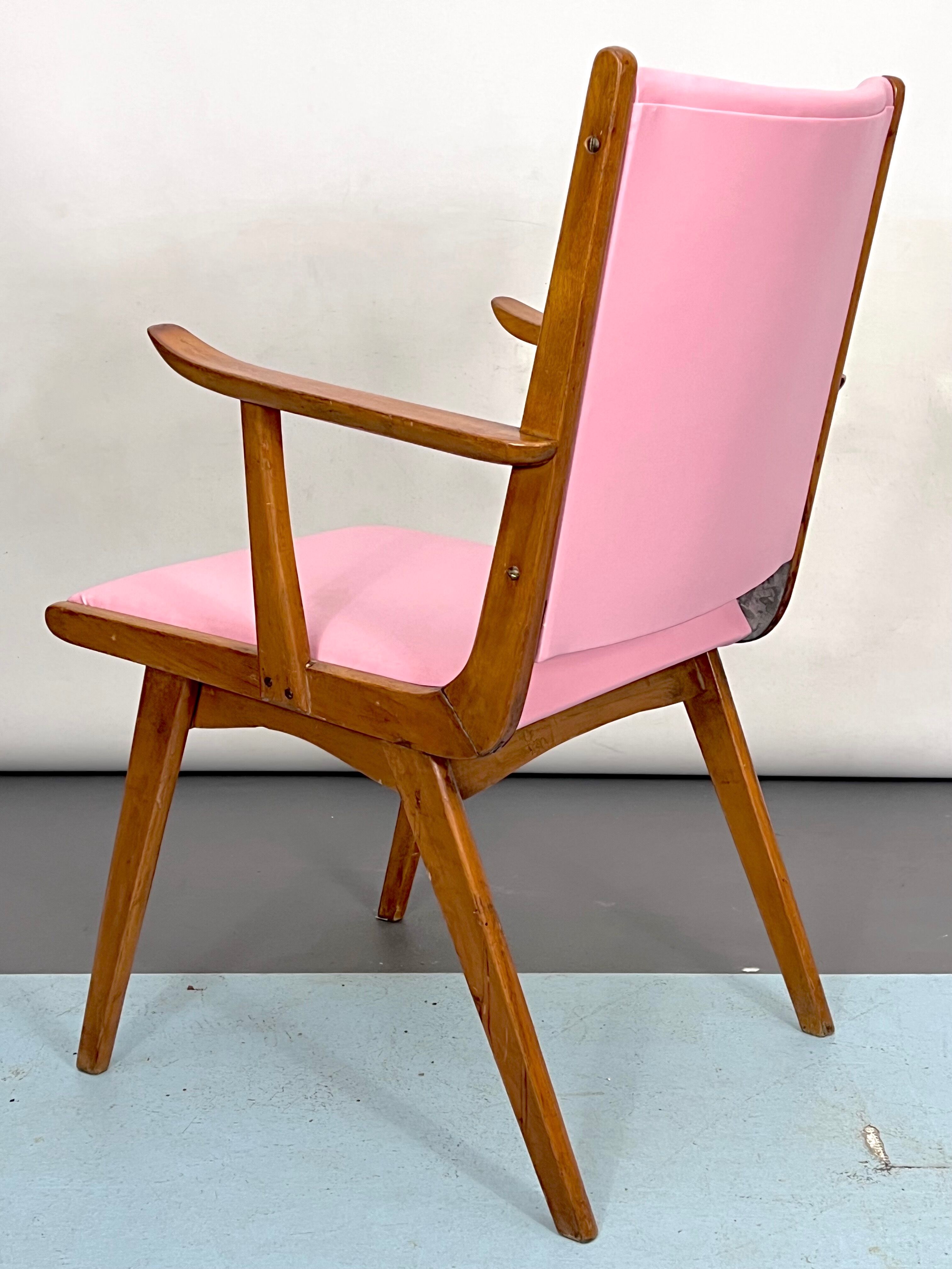 Vintage Italian wood accent chair in pink leatherette. Italy 1950s