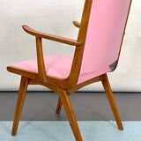 Vintage Italian wood accent chair in pink leatherette. Italy 1950s