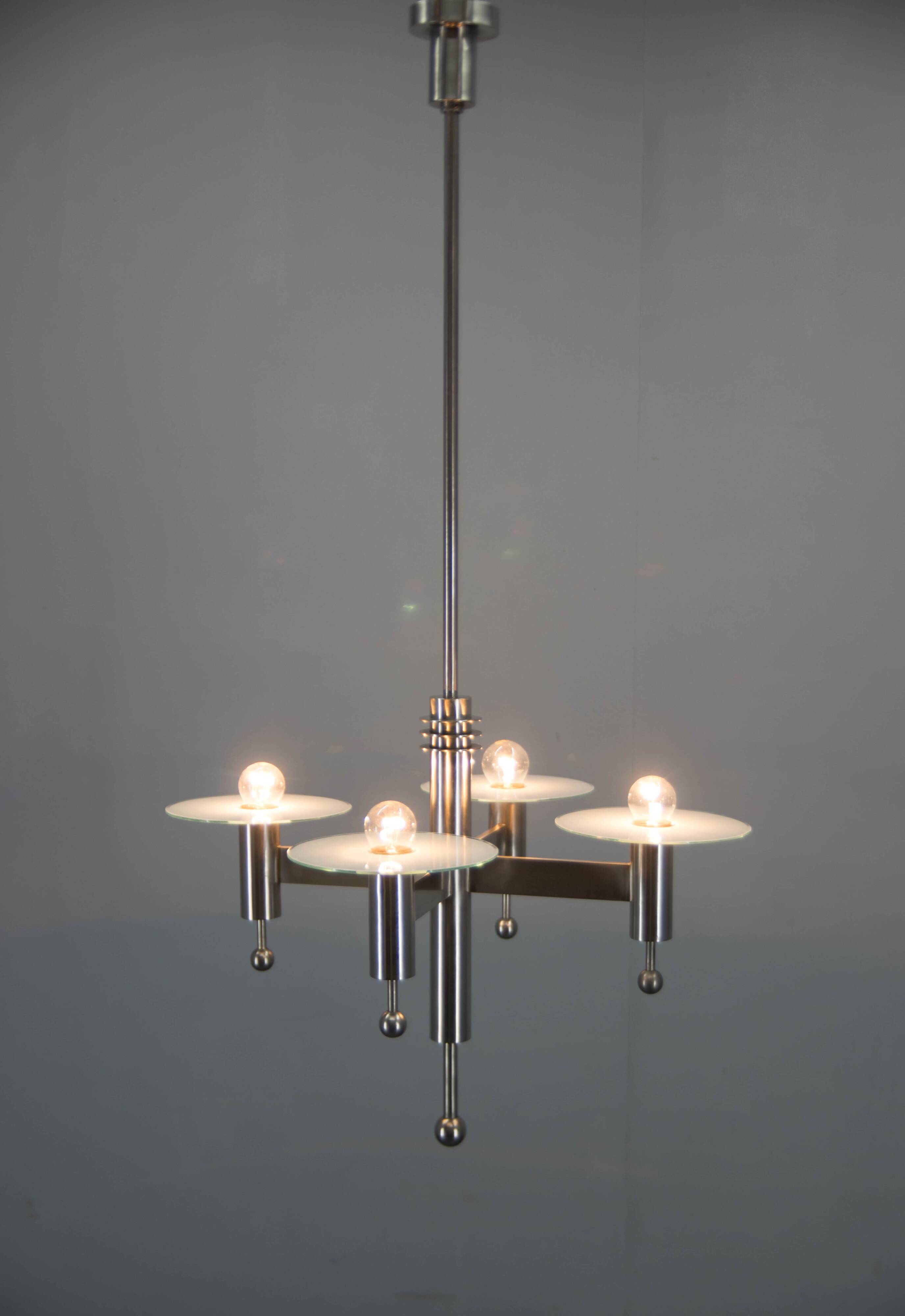 Machine Age Nickel-Plated 4-Flamming Chandelier, 1920s