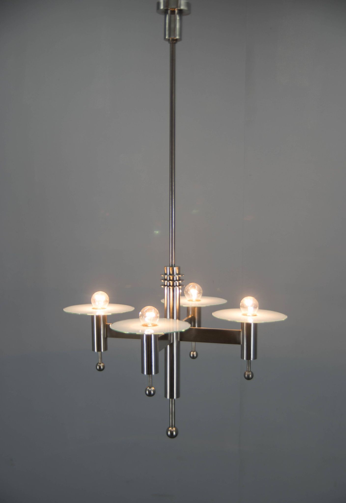 Machine Age Nickel-Plated 4-Flamming Chandelier, 1920s