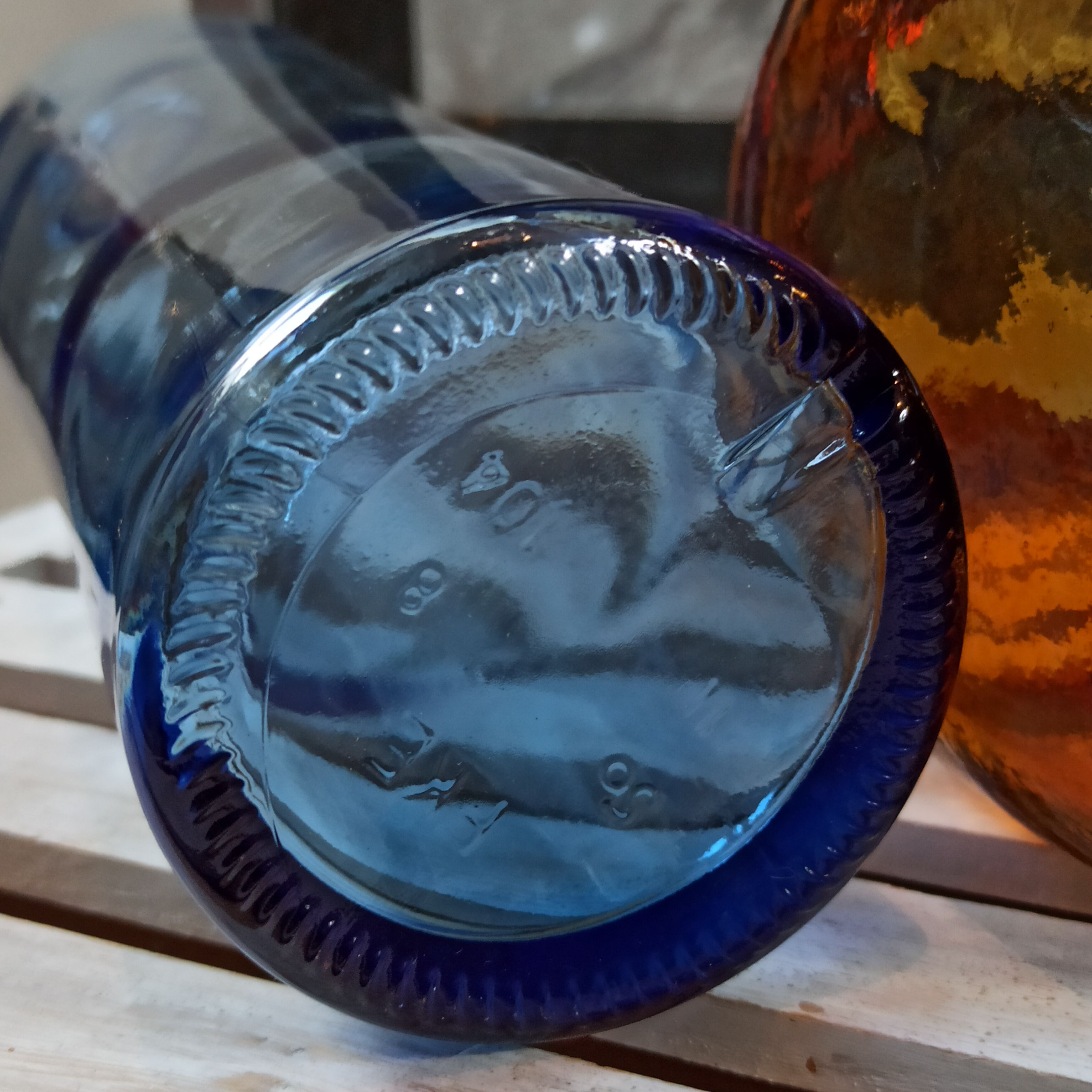 Trio vintage vase bottle and jar in amber and blue glass