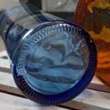 Trio vintage vase bottle and jar in amber and blue glass