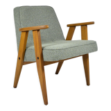 Fauteuil 366 designer J. Chierowski années 1960 tissu vert, teck