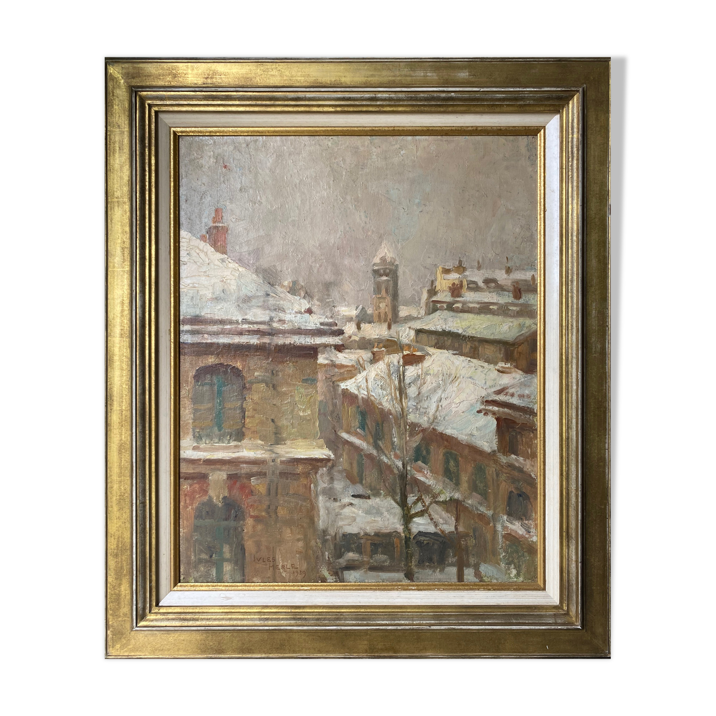 Painting by Jules Merle1939 "The roofs of snowy Paris" Notre Dame des Champs