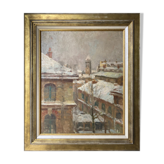 Painting by Jules Merle1939 "The roofs of snowy Paris" Notre Dame des Champs