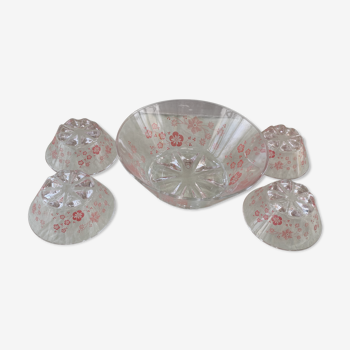 Transparent glass bowl and 4 glass cups pattern vintage red flowers 1970