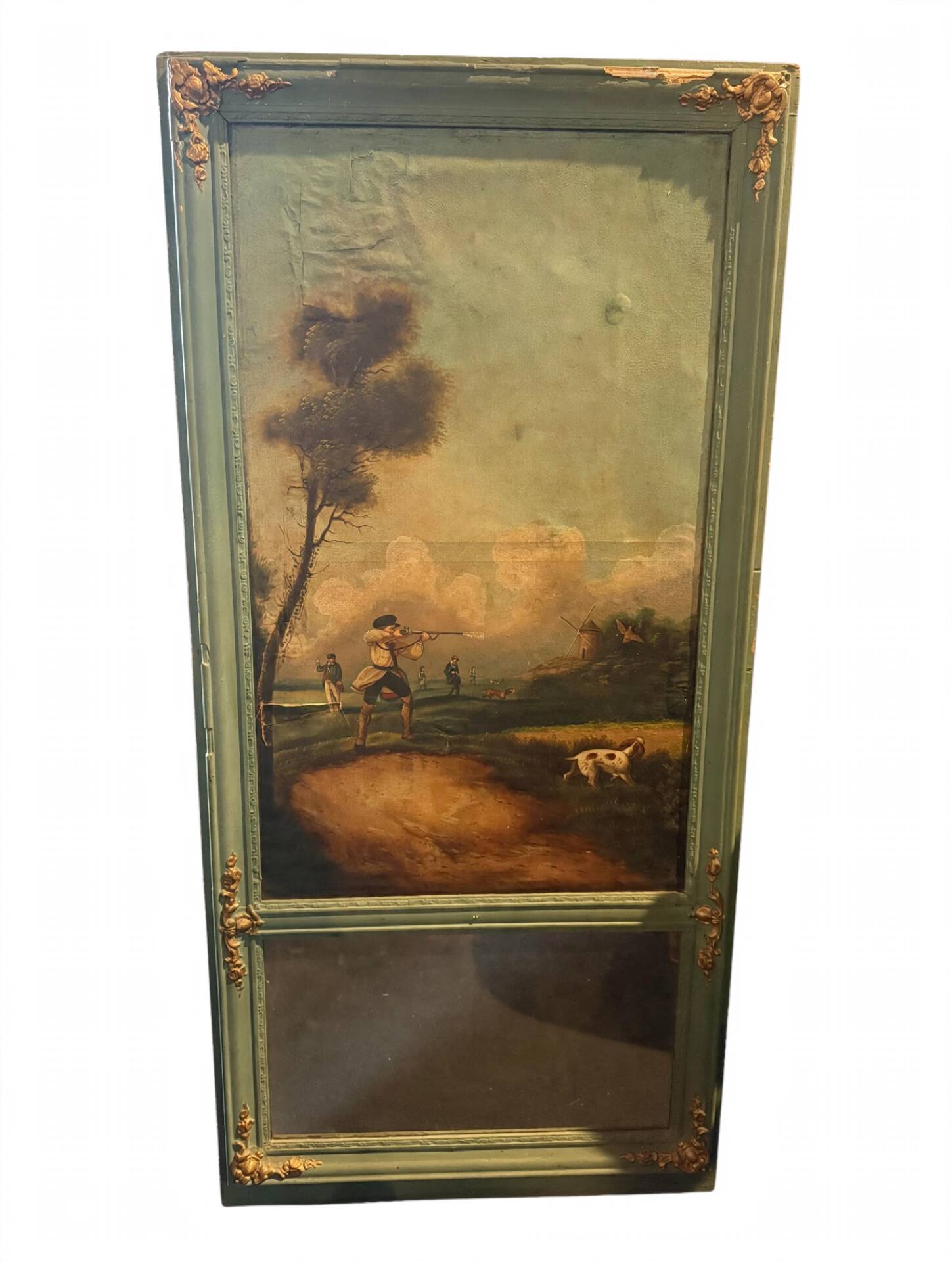 Antique trumeau with hunting scene - Oil on canvas and mirror - Panel