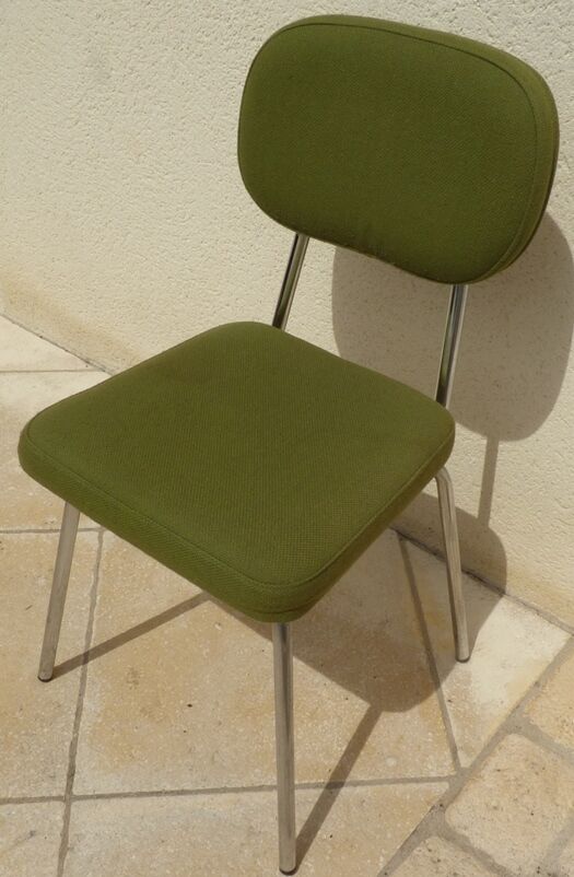 Vintage office chair upholstered in green fabrics with chrome metal structure