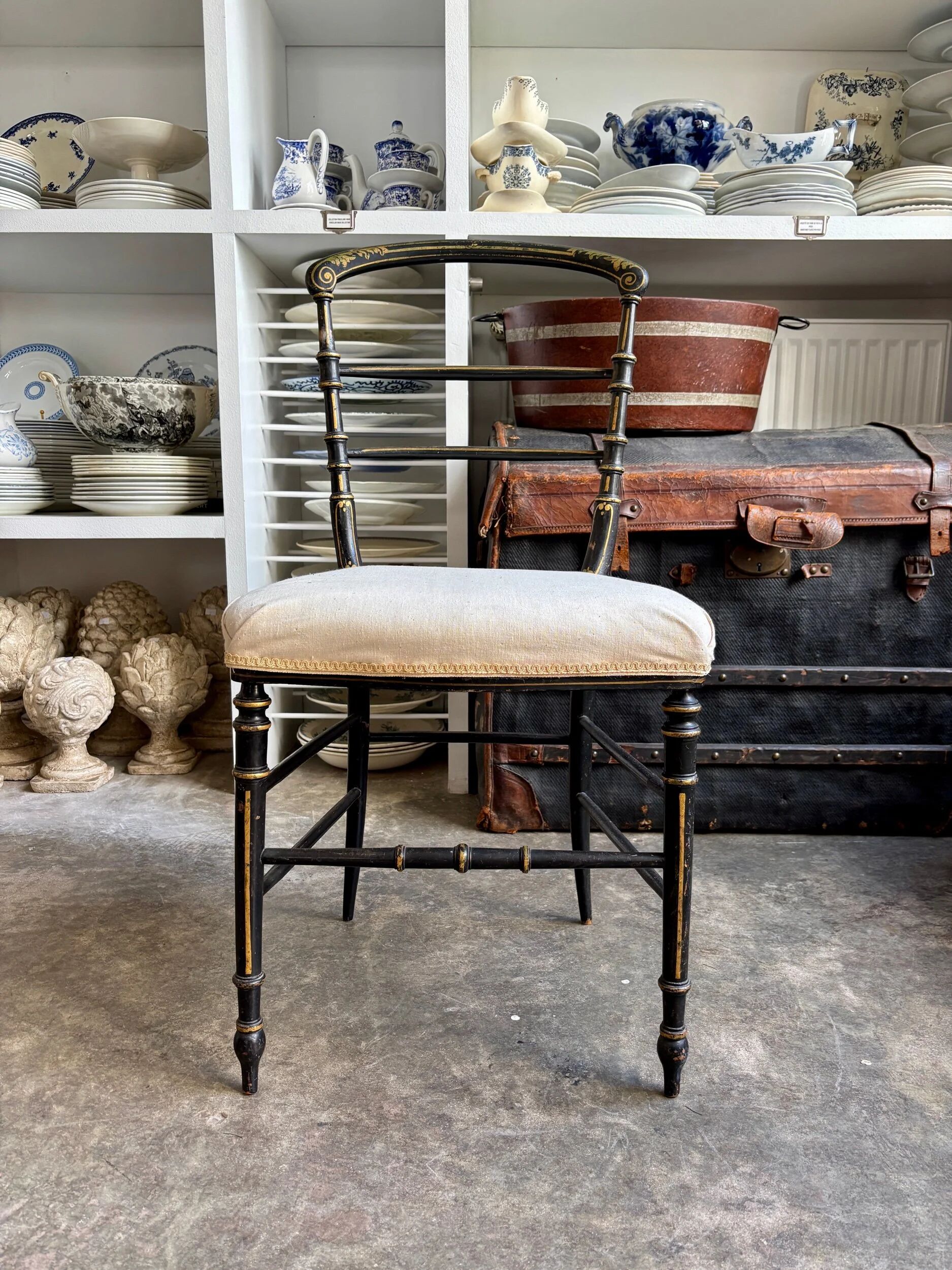 Napoleon III chair in blackened wood and beige fabric